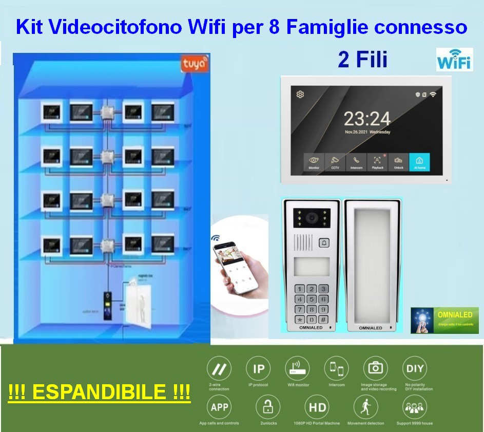 Kit Videocitofono Wifi per 8 Appartamenti 2 fili